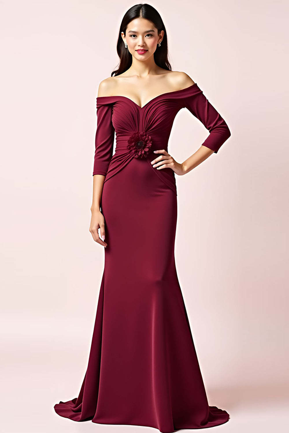 Dressystars Burgundy Wedding Guest Dress Off The Shoulder Long Sleeves Ruched Formal Dress