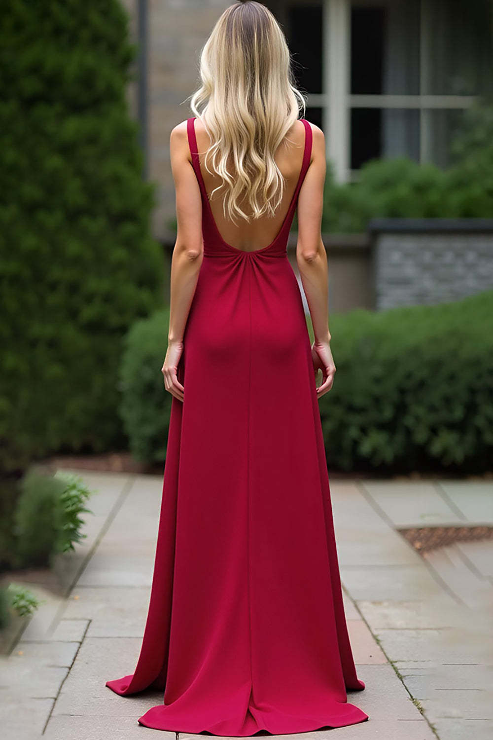 Dressystars Burgundy Wedding Guest Dress Ruched Deep V-Neck Spaghetti Straps Long Formal Dress