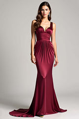 Dressystars Burgundy Wedding Guest Dress Sheath Ruched Backless Long Formal Dress
