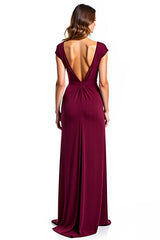 Dressystars Burgundy Wedding Guest Dress V-Neck Ruched Long Formal Dress With Slit