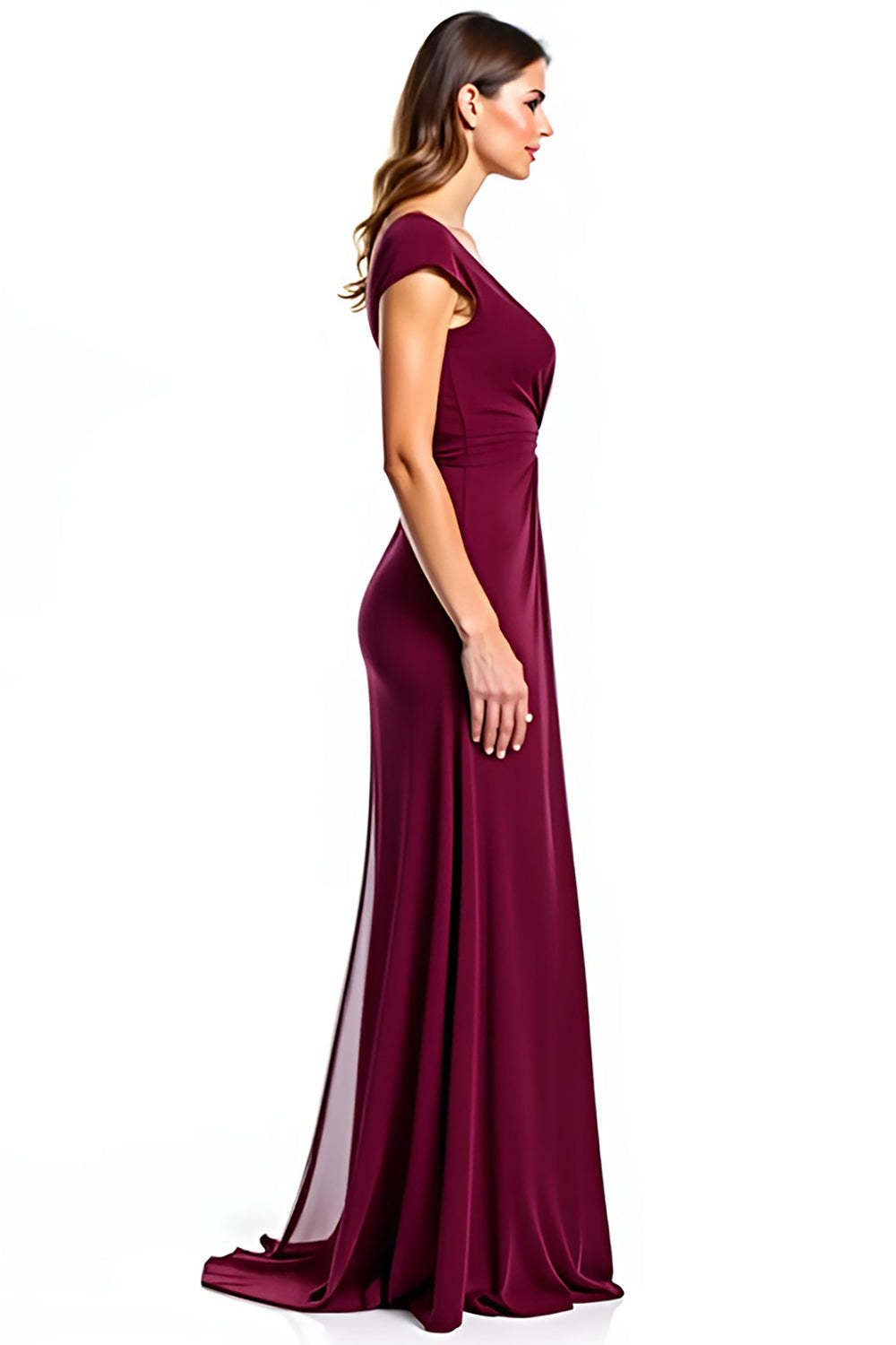 Dressystars Burgundy Wedding Guest Dress V-Neck Ruched Long Formal Dress With Slit