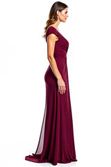 Dressystars Burgundy Wedding Guest Dress V-Neck Ruched Long Formal Dress With Slit