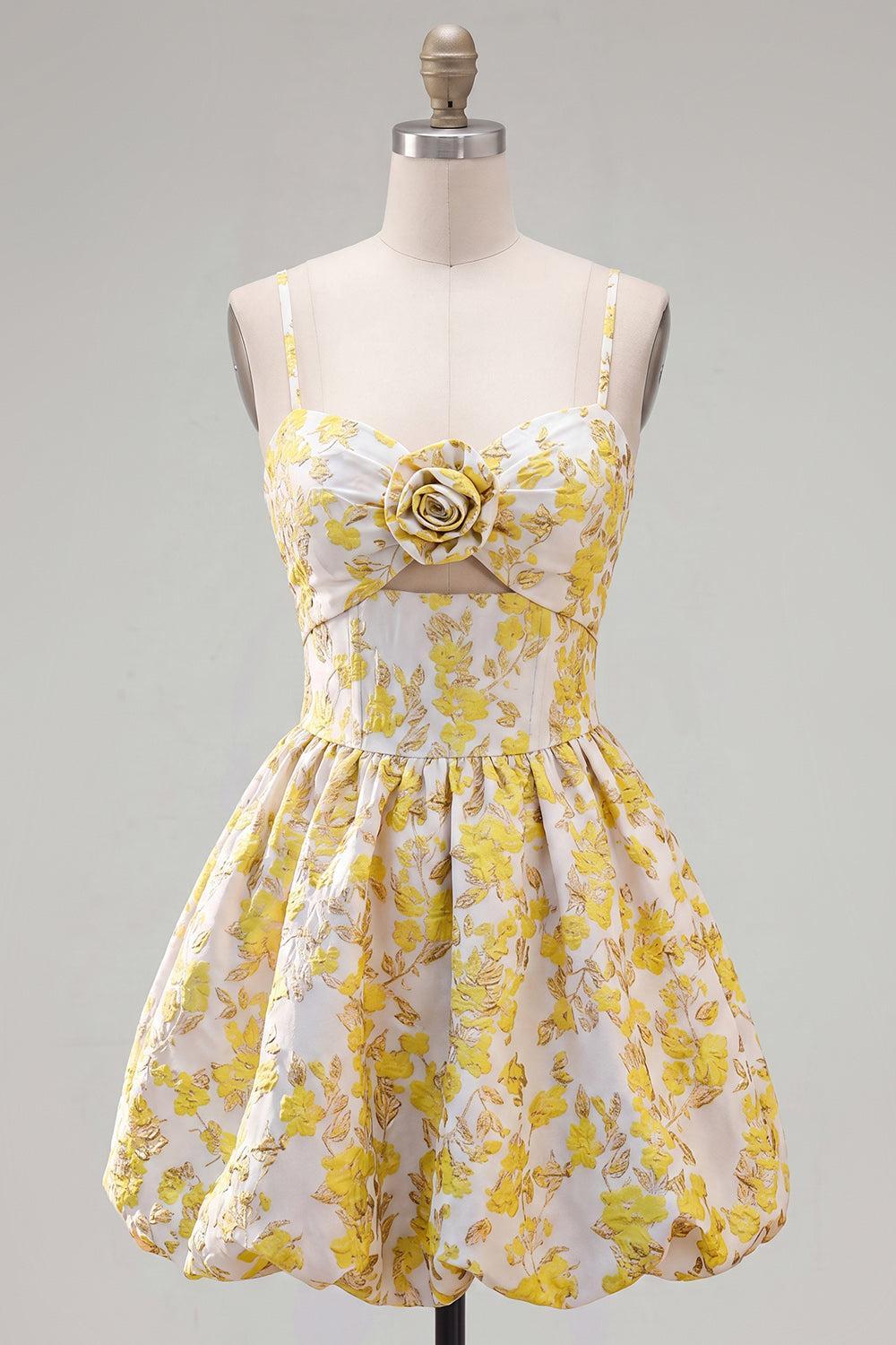 Dressystars Butter Yellow Floral Keyhole A-Line Short Homecoming Dress with 3D Flower