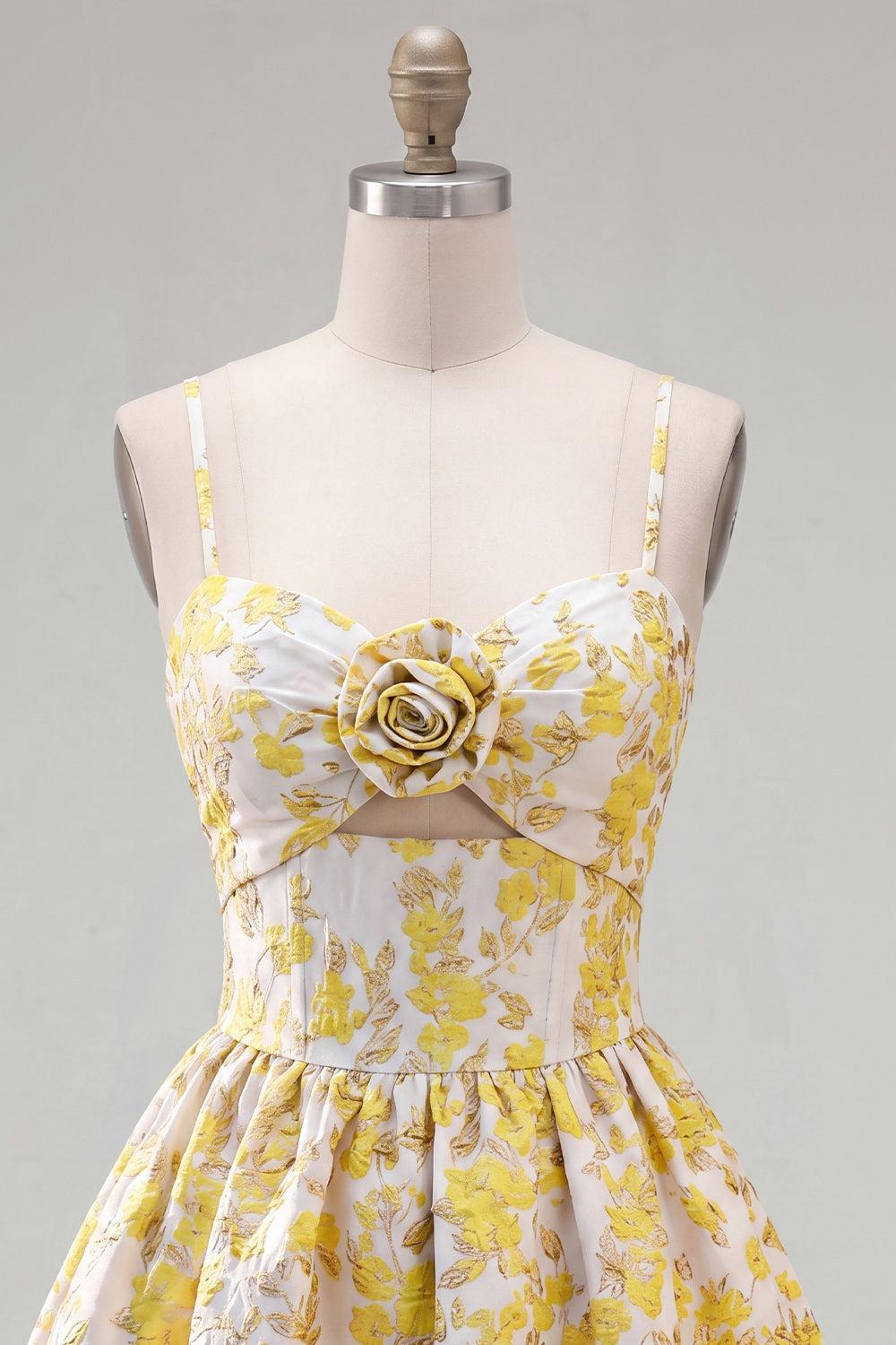 Dressystars Butter Yellow Floral Keyhole A-Line Short Homecoming Dress with 3D Flower