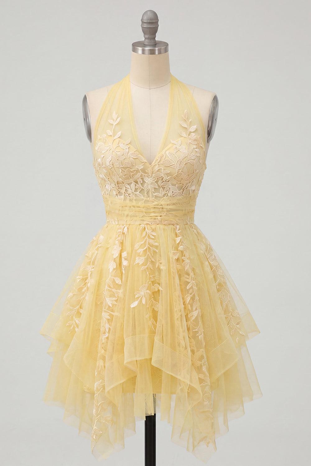 Dressystars Butter Yellow Floral Lace Halter Ruffled A Line Short Homecoming Dress