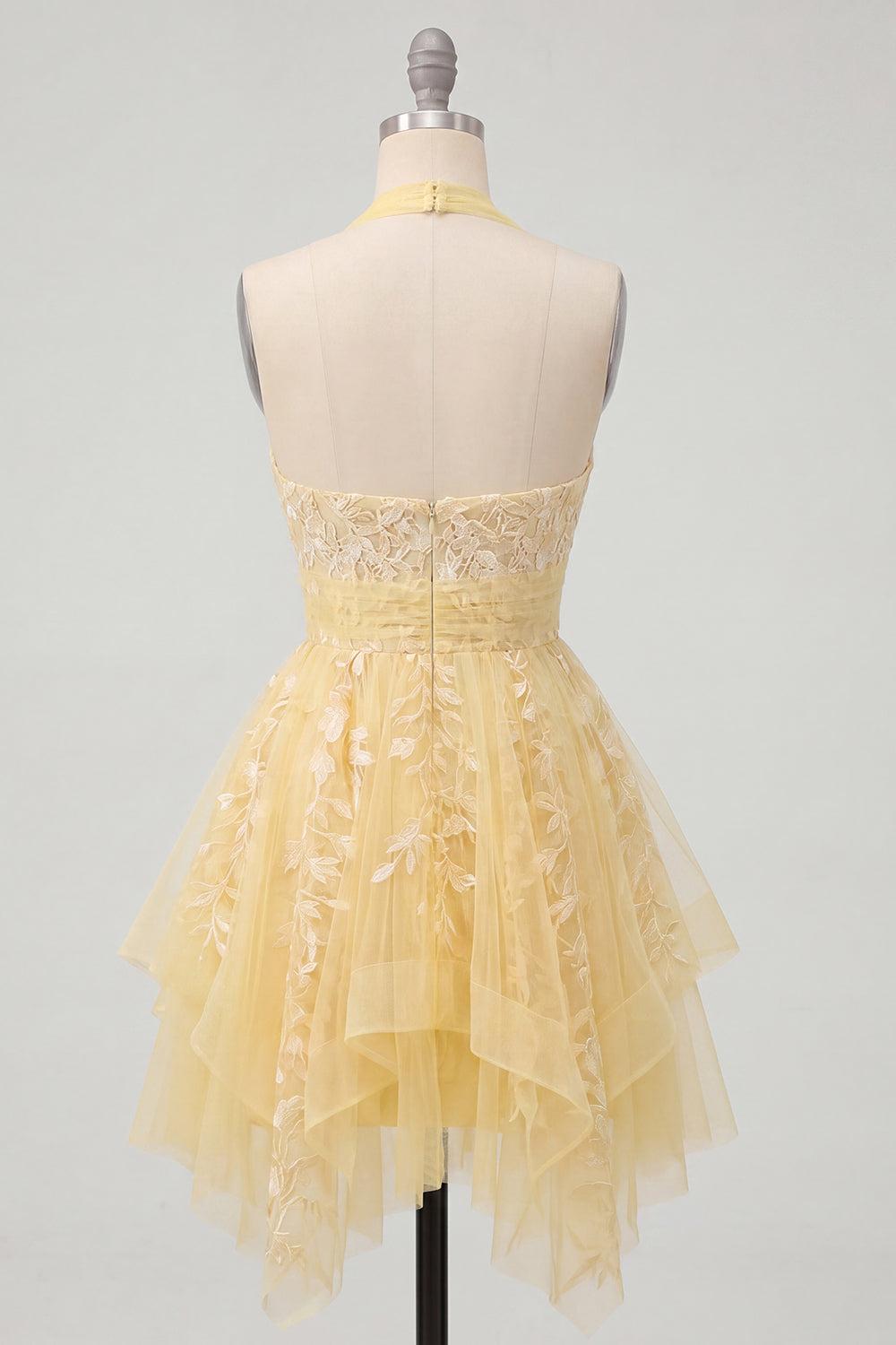 Dressystars Butter Yellow Floral Lace Halter Ruffled A Line Short Homecoming Dress