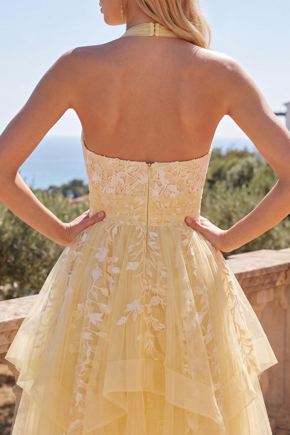 Dressystars Butter Yellow Floral Lace Halter Ruffled A Line Short Homecoming Dress