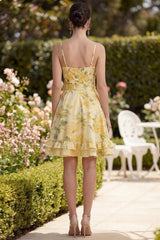 Dressystars Butter Yellow Floral Ruched Ruffled A-Line Short Prom Dress with Bow