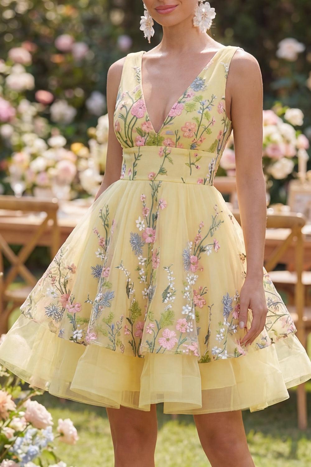 Dressystars Butter Yellow Floral V-Neck A-Line Short Homecoming Dress with Ruffles