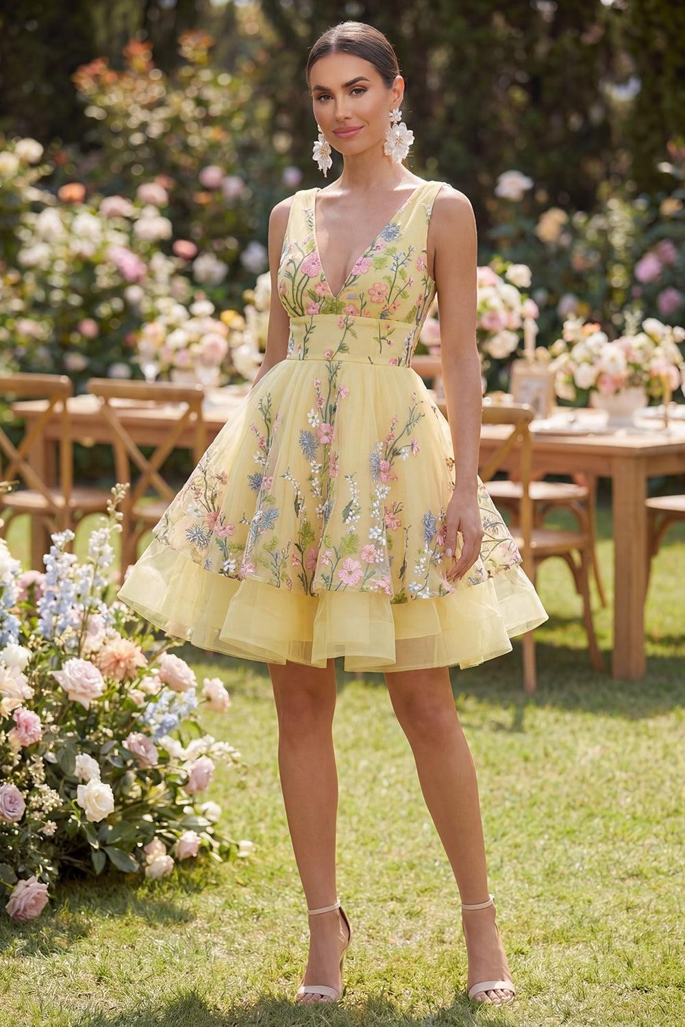 Dressystars Butter Yellow Floral V-Neck A-Line Short Homecoming Dress with Ruffles