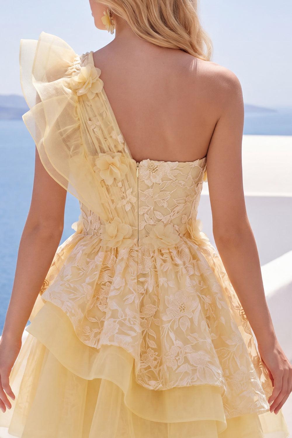 Dressystars Butter Yellow Lace Floral Ruffled One Shoulder A Line Short Homecoming Dress