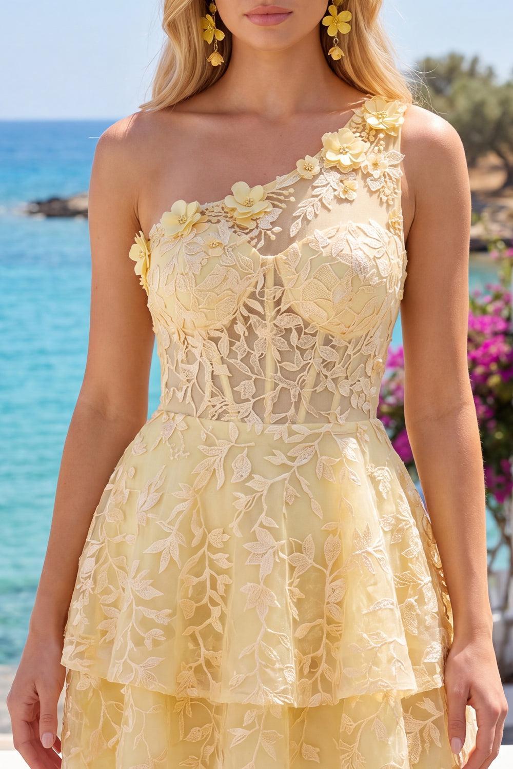 Dressystars Butter Yellow Short Lace Floral One Shoulder Ruffled A Line Corset Homecoming Dress