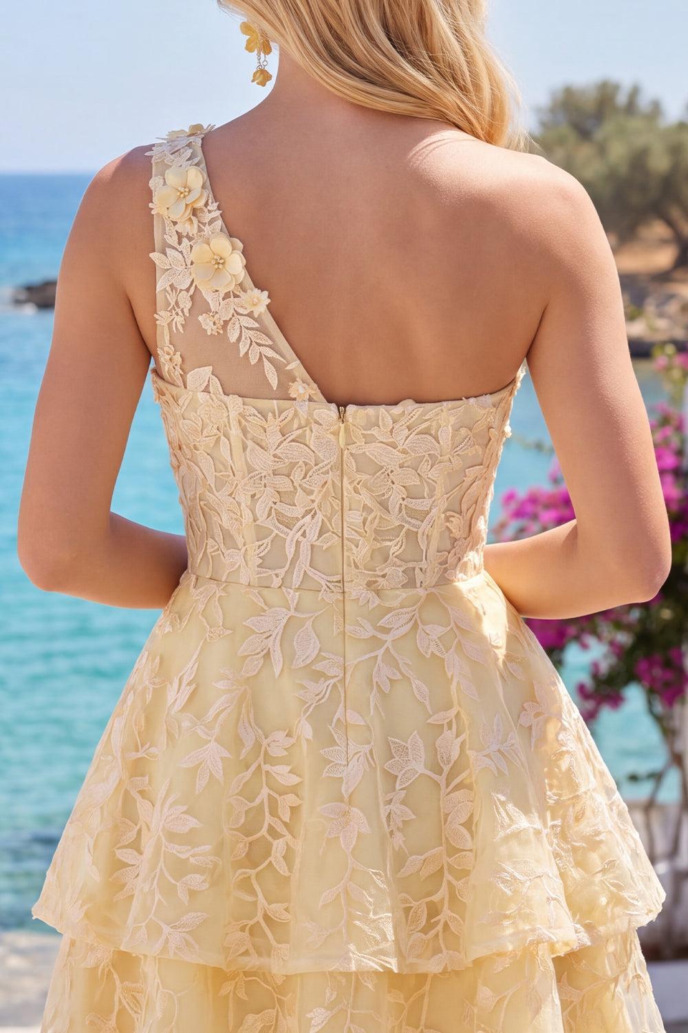 Dressystars Butter Yellow Short Lace Floral One Shoulder Ruffled A Line Corset Homecoming Dress