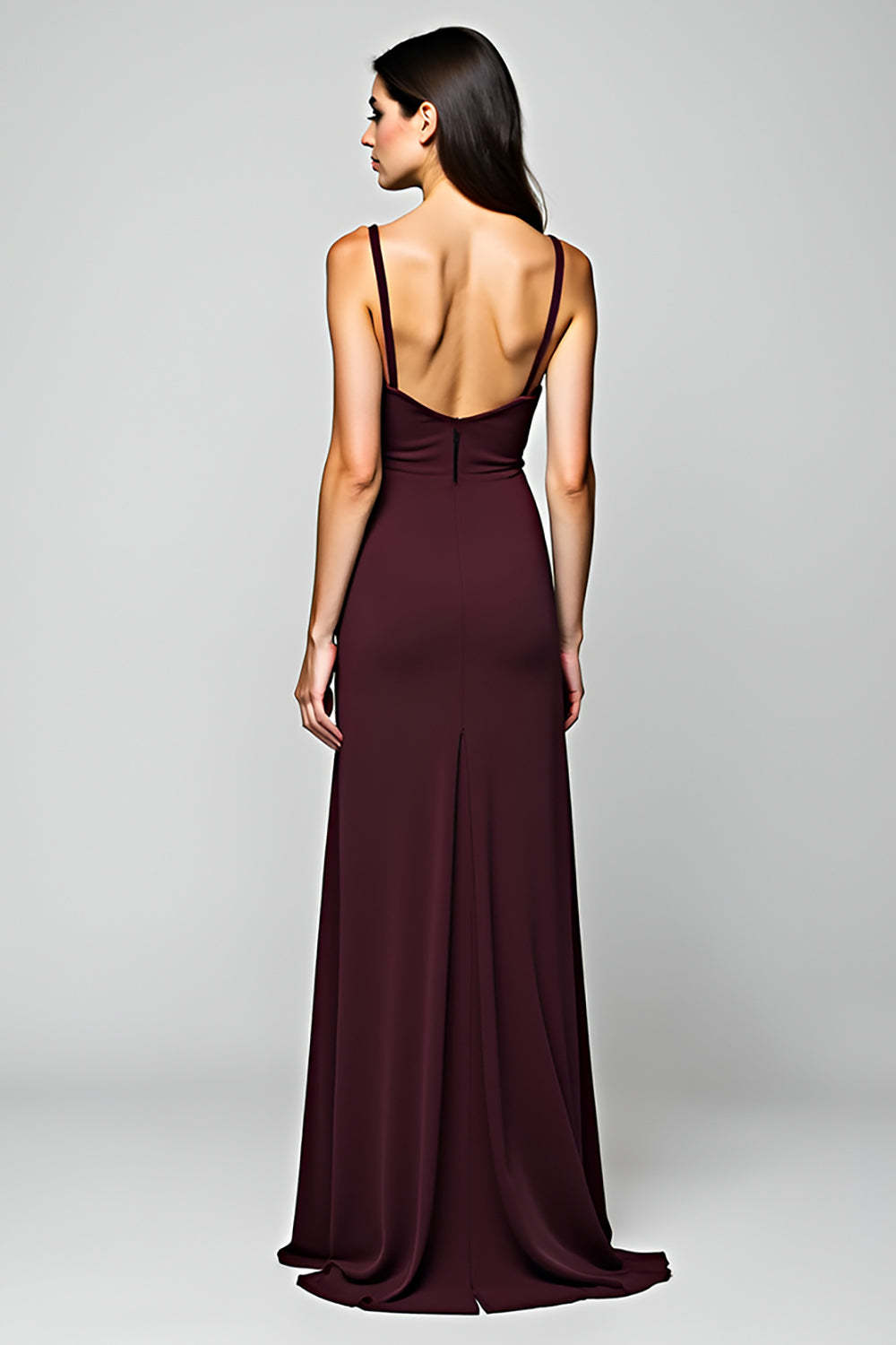 Dressystars Cabernet Satin Backless Deep V-Neck Long Formal Dress