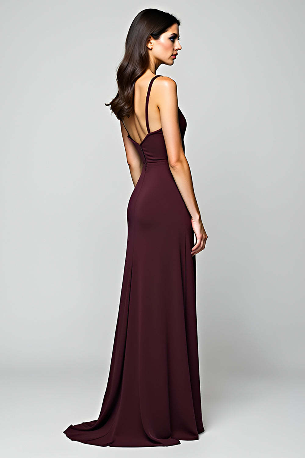 Dressystars Cabernet Satin Backless Deep V-Neck Long Formal Dress