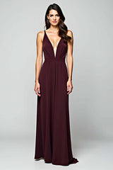 Dressystars Cabernet Satin Backless Deep V-Neck Long Formal Dress