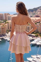 Dressystars Champagne Beaded A-Line Corset Short Homecoming Dress with Ruffles