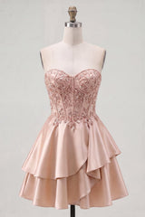 Dressystars Champagne Beaded A-Line Corset Short Homecoming Dress with Ruffles