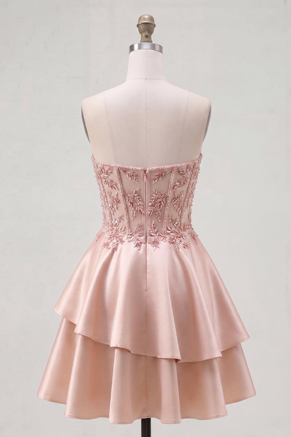 Dressystars Champagne Beaded A-Line Corset Short Homecoming Dress with Ruffles