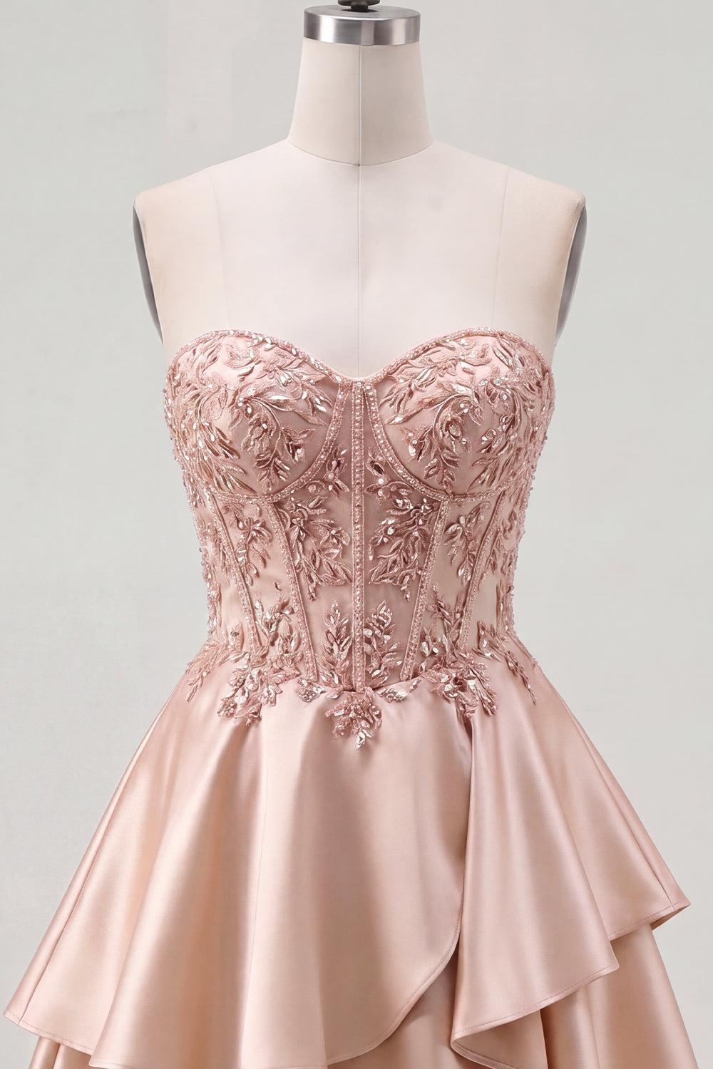 Dressystars Champagne Beaded A-Line Corset Short Homecoming Dress with Ruffles