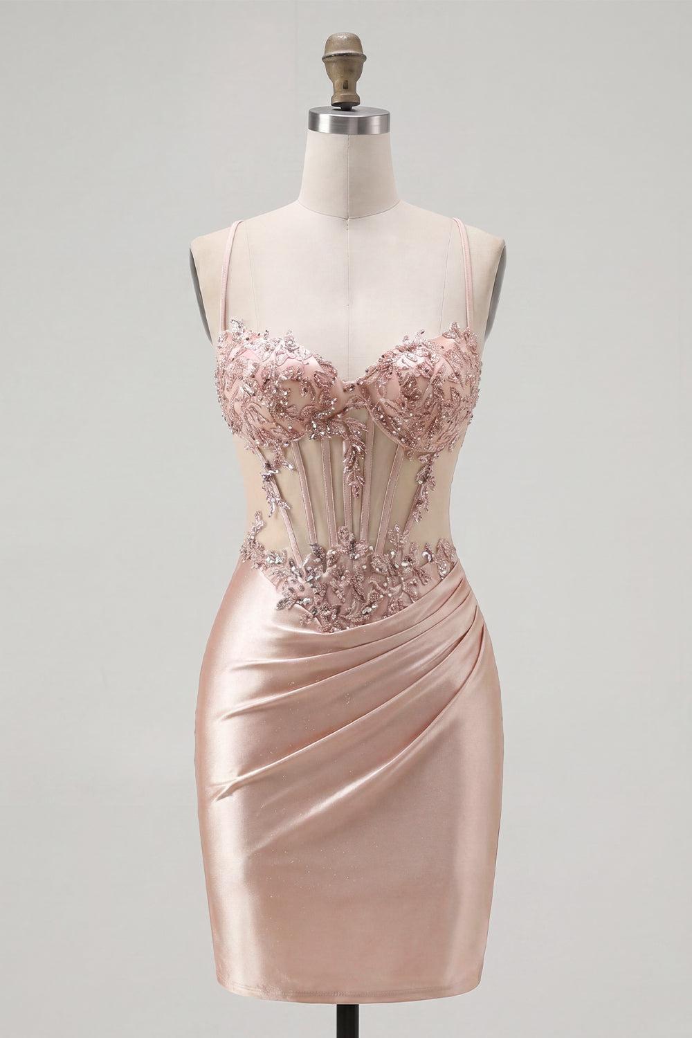 Dressystars Champagne Beaded Ruched Corset Tight Short Homecoming Dress