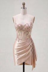 Dressystars Champagne Floral Beaded Corset Tight Short Homecoming Dress with Side Cape