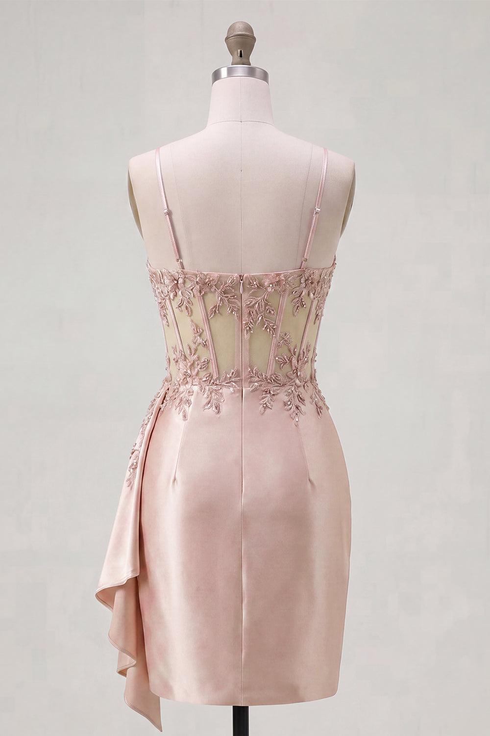Dressystars Champagne Floral Beaded Corset Tight Short Homecoming Dress with Side Cape