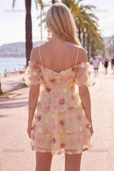 Dressystars Champagne Floral Puff Sleeves A-Line Short Homecoming Dress