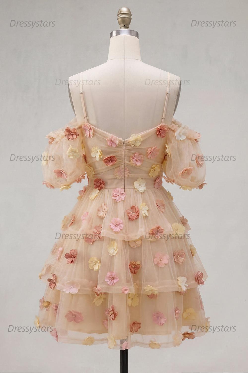 Dressystars Champagne Floral Puff Sleeves A-Line Short Homecoming Dress