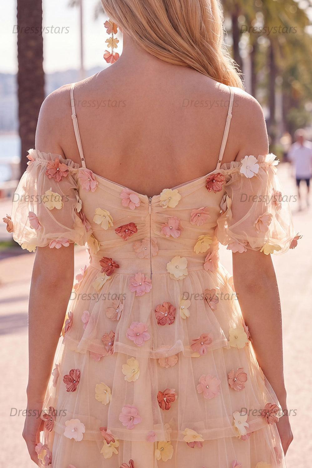 Dressystars Champagne Floral Puff Sleeves A-Line Short Homecoming Dress