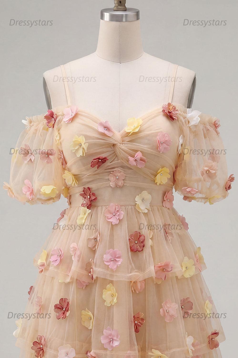 Dressystars Champagne Floral Puff Sleeves A-Line Short Homecoming Dress