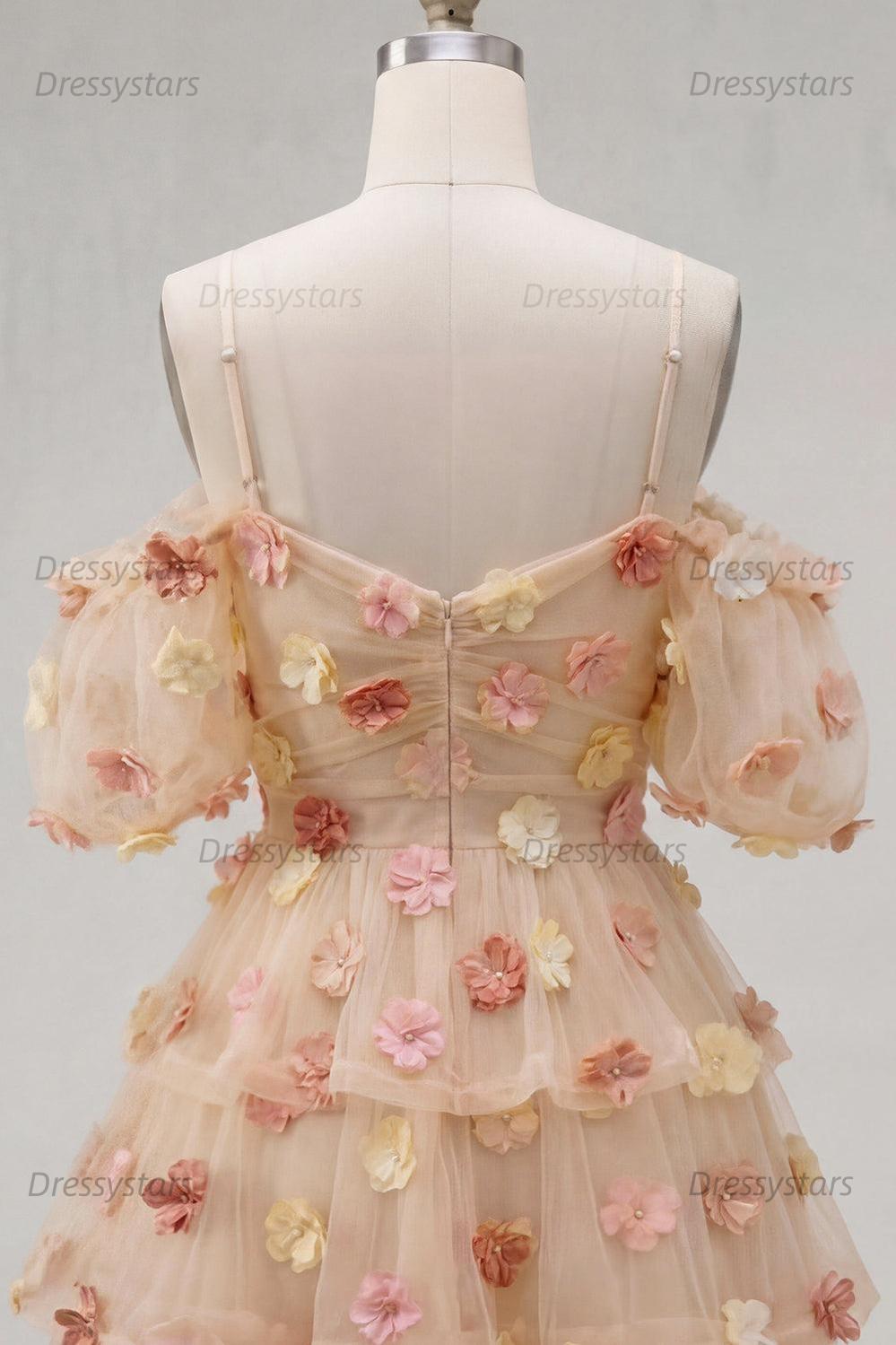 Dressystars Champagne Floral Puff Sleeves A-Line Short Homecoming Dress