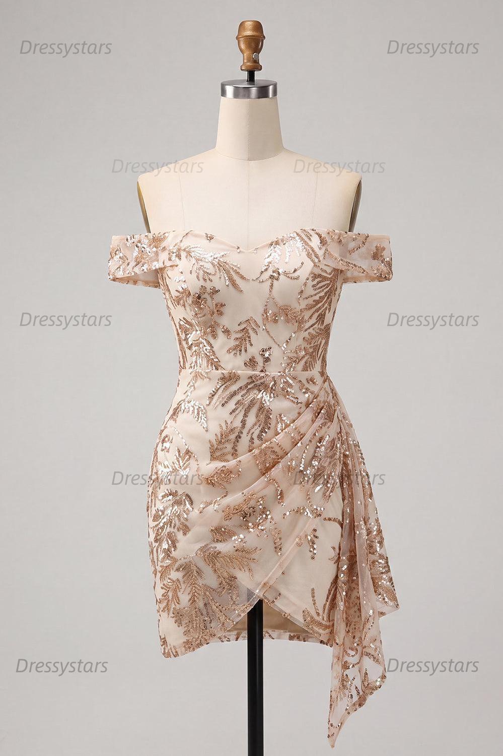 Dressystars Champagne Floral Sequins Tight Short Homecoming Dress