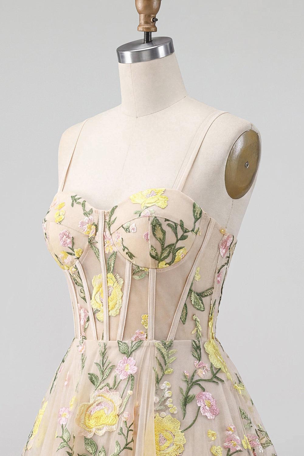 Dressystars Champagne Floral Spaghetti Straps A-Line Corset Short Homecoming Dress
