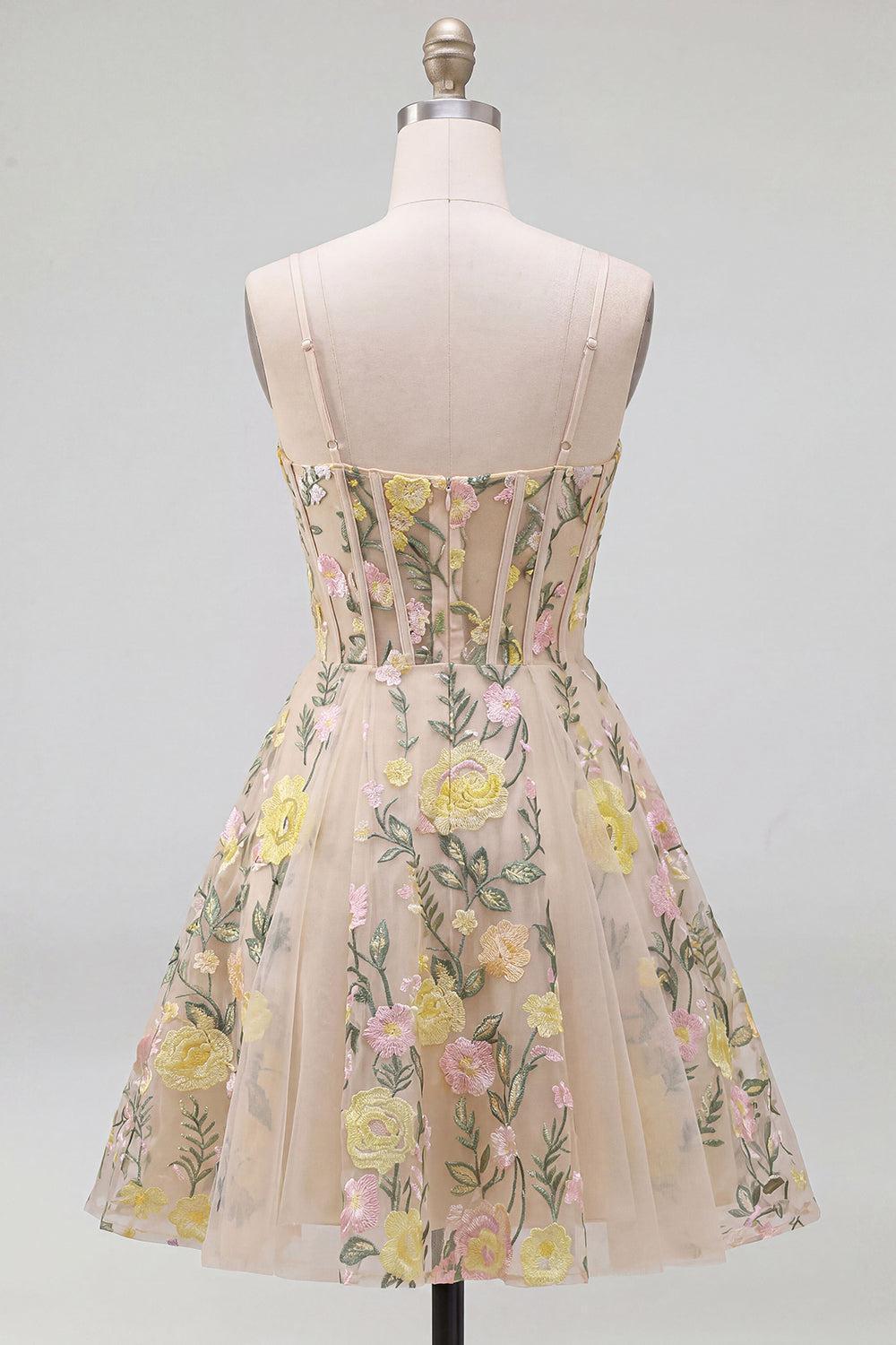 Dressystars Champagne Floral Spaghetti Straps A-Line Corset Short Homecoming Dress