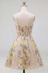 Dressystars Champagne Floral Spaghetti Straps A-Line Corset Short Homecoming Dress