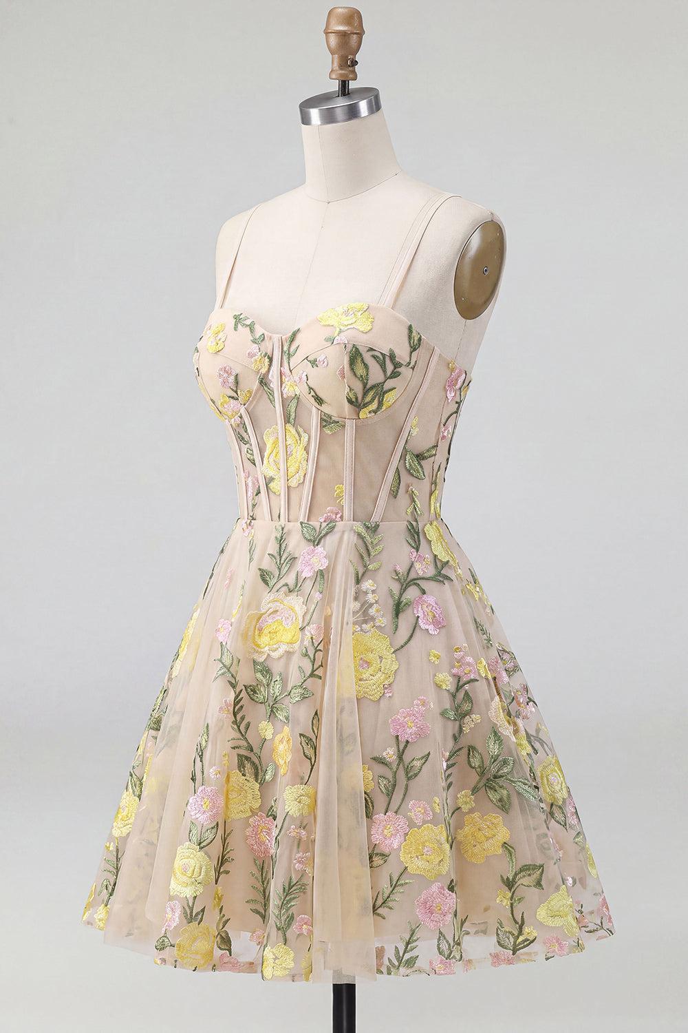 Dressystars Champagne Floral Spaghetti Straps A-Line Corset Short Homecoming Dress