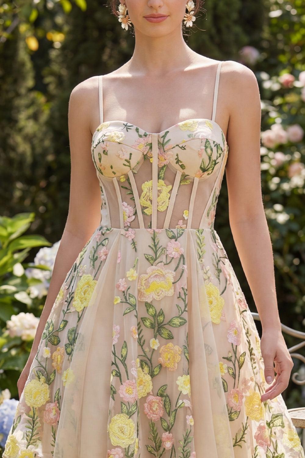 Dressystars Champagne Floral Spaghetti Straps A-Line Corset Short Homecoming Dress