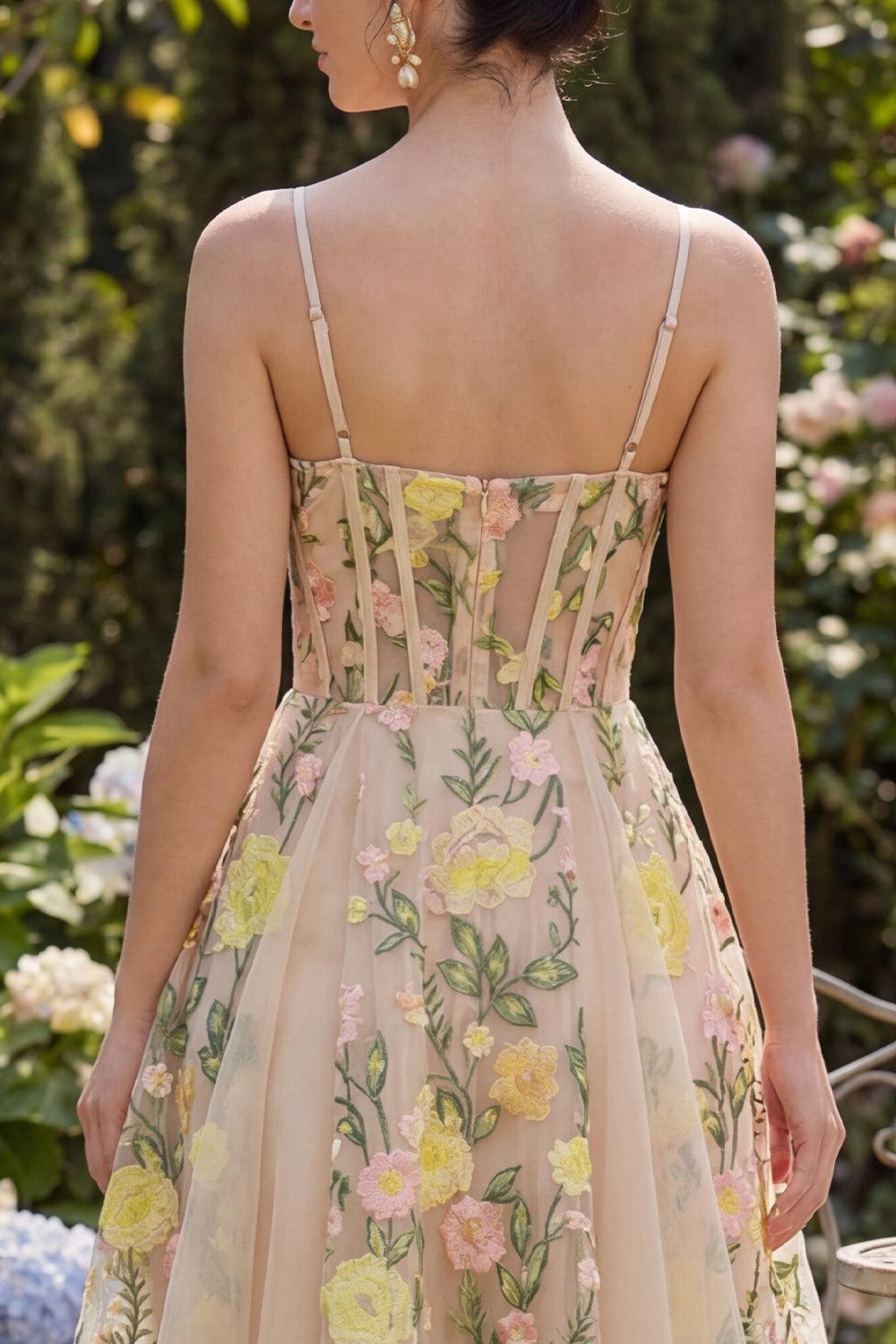 Dressystars Champagne Floral Spaghetti Straps A-Line Corset Short Homecoming Dress