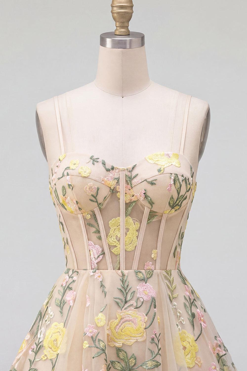 Dressystars Champagne Floral Spaghetti Straps A-Line Corset Short Homecoming Dress