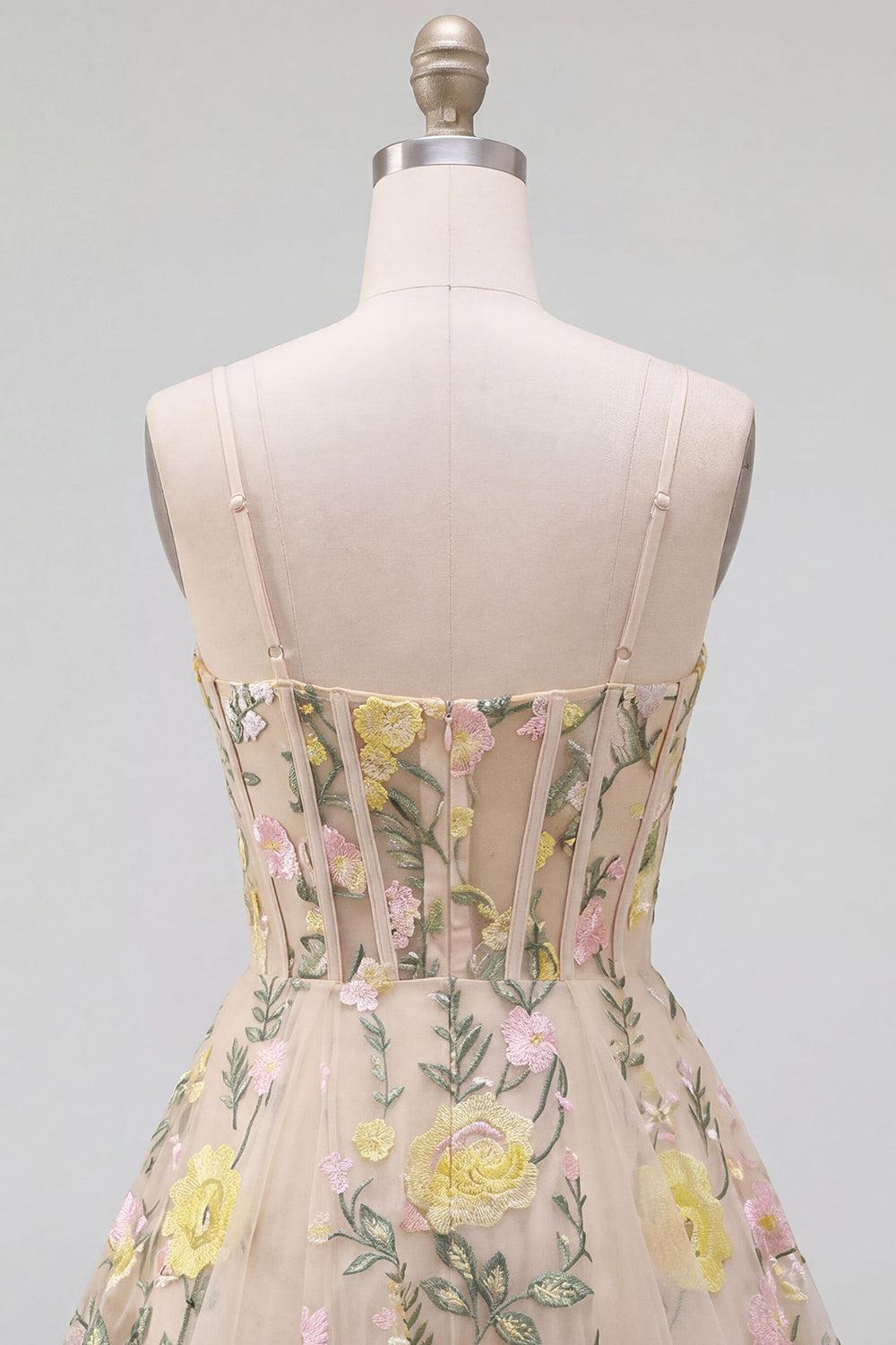 Dressystars Champagne Floral Spaghetti Straps A-Line Corset Short Homecoming Dress