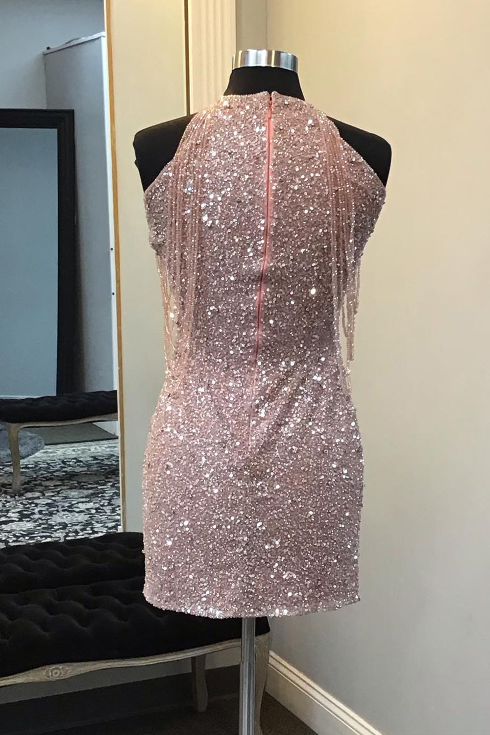 Dressystars Champagne Homecoming Dress Sequin Round Neck Tight Short Prom Dress with Fringes