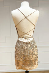 Dressystars Champagne Homecoming Dress Spaghetti Straps Tight Short Prom Dress with Appliques