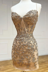 Dressystars Champagne Homecoming Dress Spaghetti Straps Tight Short Prom Dress with Appliques