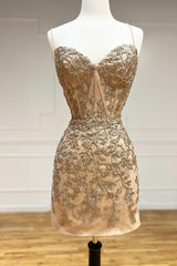 Dressystars Champagne Homecoming Dress Spaghetti Straps Tight Short Prom Dress with Appliques