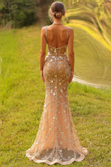 Dressystars Champagne Prom Dress Spaghetti Straps Rhinestones Mermaid Formal Dress