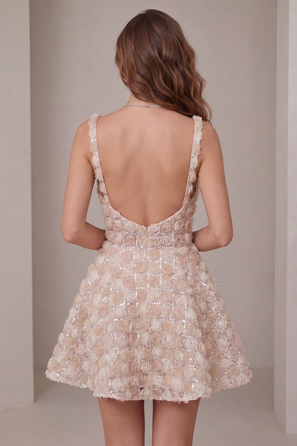 Dressystars Champagne Sequin A-Line Short Homecoming Dress with 3D Flowers