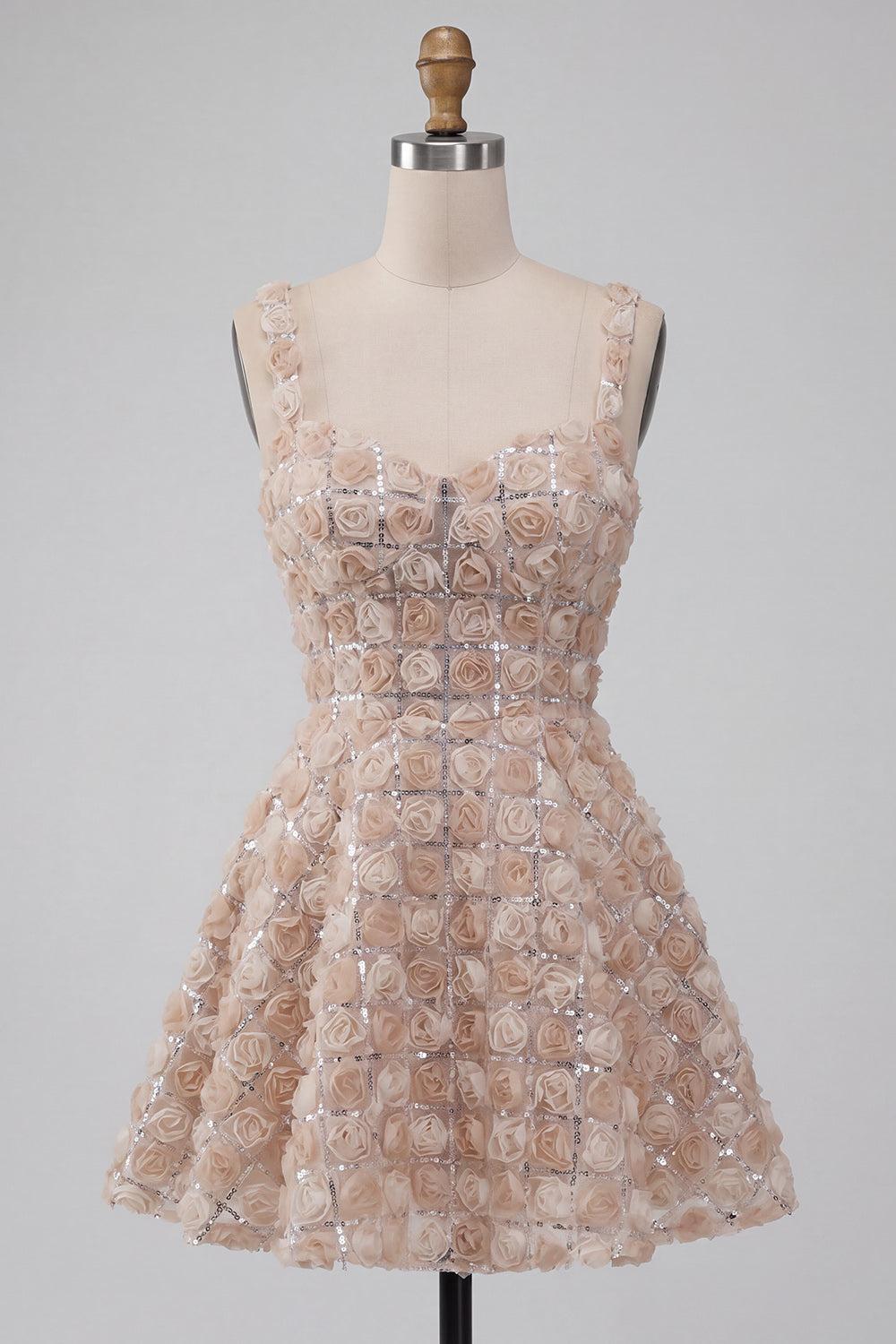 Dressystars Champagne Sequin A-Line Short Homecoming Dress with 3D Flowers