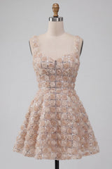 Dressystars Champagne Sequin A-Line Short Homecoming Dress with 3D Flowers