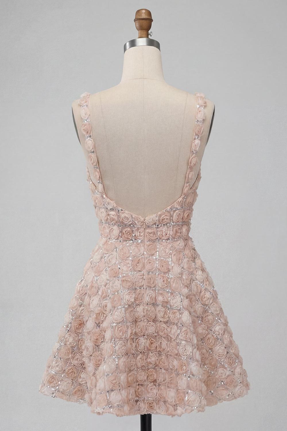 Dressystars Champagne Sequin A-Line Short Homecoming Dress with 3D Flowers